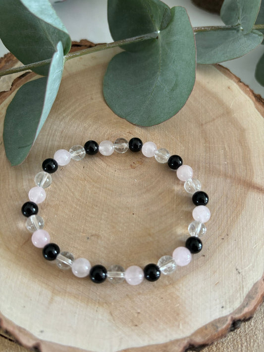 Armband „Abgrenzung & Selbstvertrauen“ – Onyx, Rosenquarz & Bergkristall
