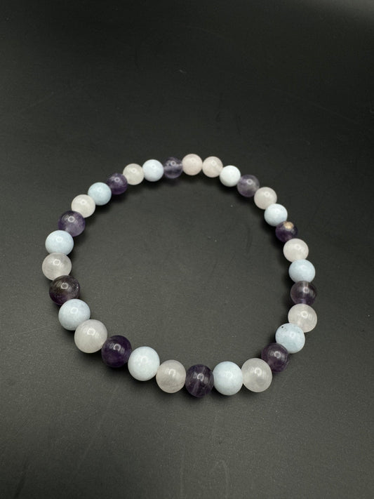 Selbstliebe - Spiritualität - Selbstausdruck Armband: Rosenquarz - Amethyst - Aquamarin - 6 mm Perlen