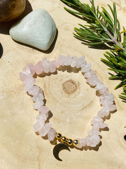 Bracelet ruban QUARTZ ROSE avec lune plaquée or